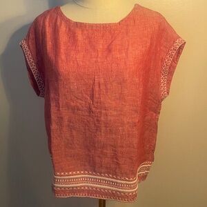 Sigrid Olsen Nantucket Red Cap Sleeve Embroidered Linen Top